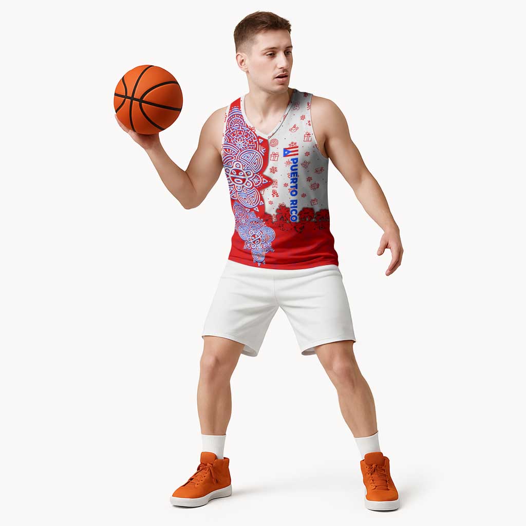 Puerto Rico Christmas Basketball Jersey with Taino Symbols Palm Tree Bongos and Holiday Pattern Design - Wonder Print Shop