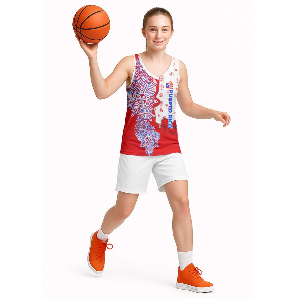 Puerto Rico Christmas Basketball Jersey with Taino Symbols Palm Tree Bongos and Holiday Pattern Design - Wonder Print Shop