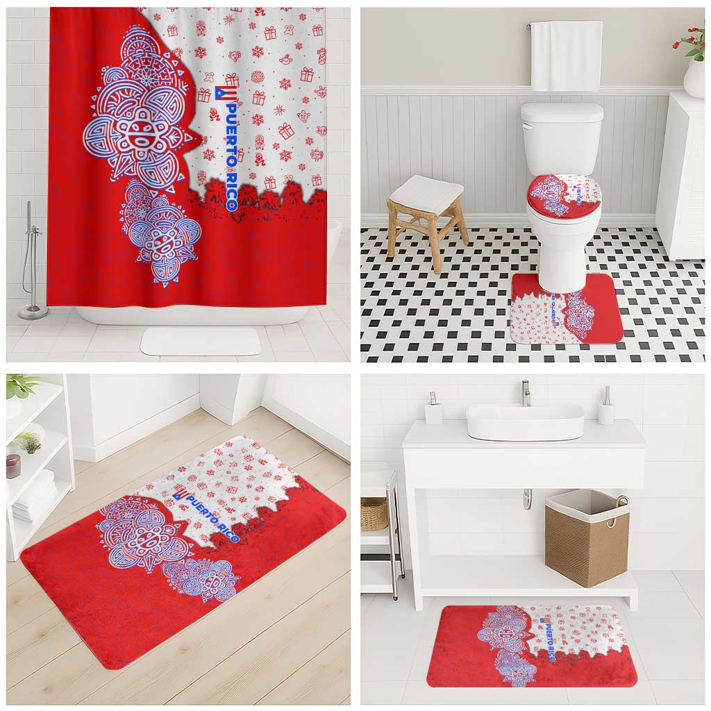 Puerto Rico Christmas Bathroom Set with Taino Symbols Palm Tree Bongos and Holiday Pattern Design - Wonder Print Shop