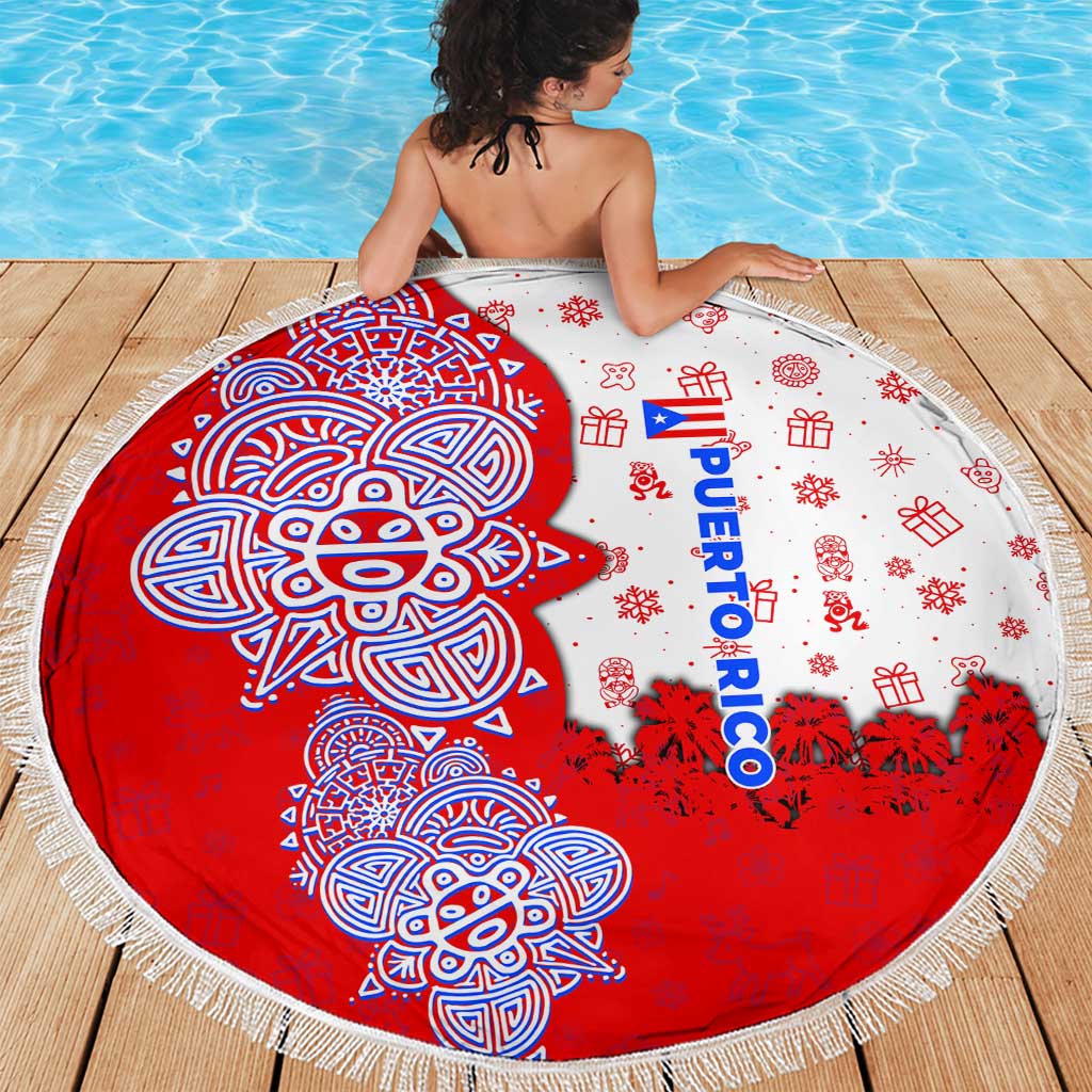Puerto Rico Christmas Beach Blanket with Taino Symbols Palm Tree Bongos and Holiday Pattern Design - Wonder Print Shop