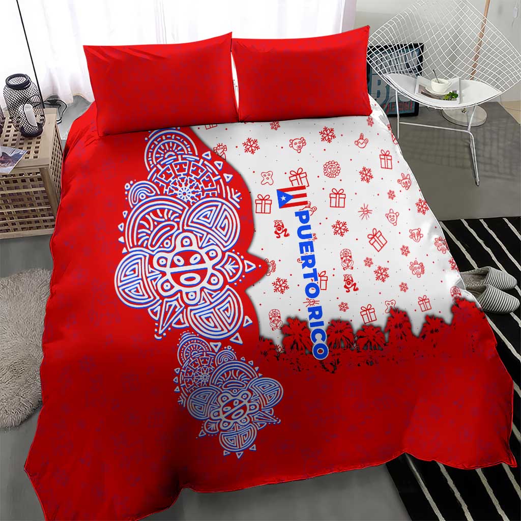 Puerto Rico Christmas Bedding Set with Taino Symbols Palm Tree Bongos and Holiday Pattern Design - Wonder Print Shop
