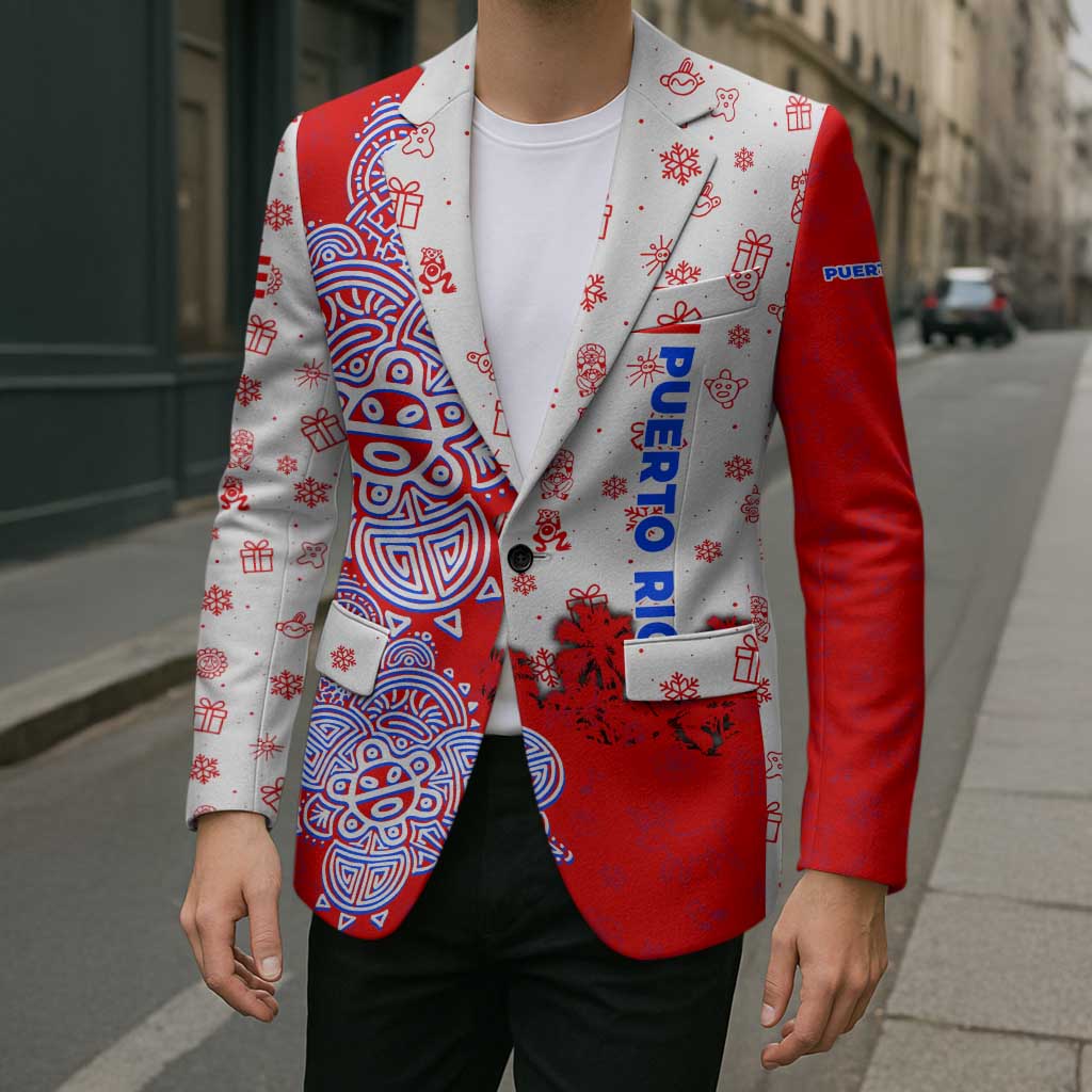 Puerto Rico Christmas Blazer with Taino Symbols Palm Tree Bongos and Holiday Pattern Design - Wonder Print Shop