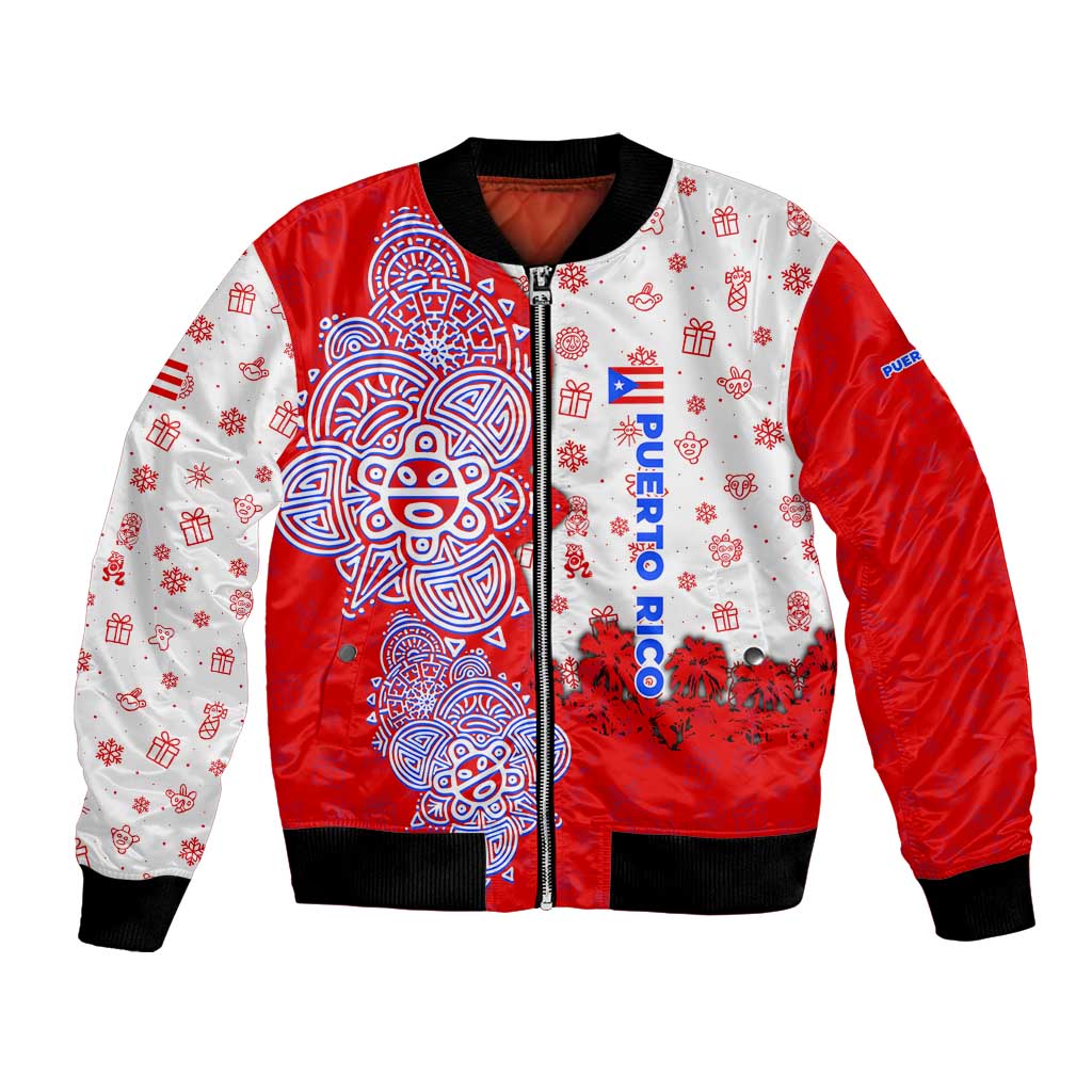Puerto Rico Christmas Bomber Jacket with Taino Symbols Palm Tree Bongos and Holiday Pattern Design - Wonder Print Shop