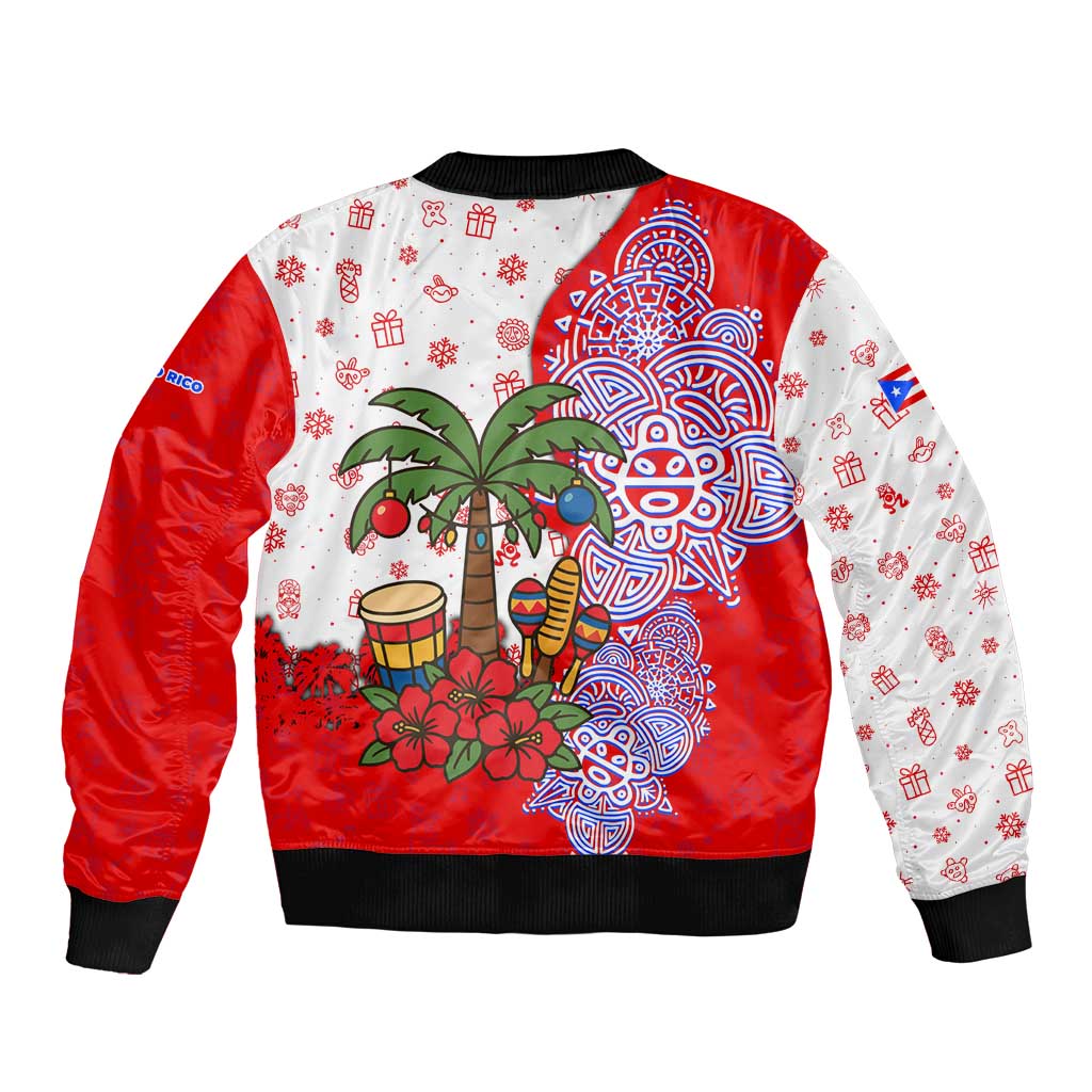 Puerto Rico Christmas Bomber Jacket with Taino Symbols Palm Tree Bongos and Holiday Pattern Design - Wonder Print Shop
