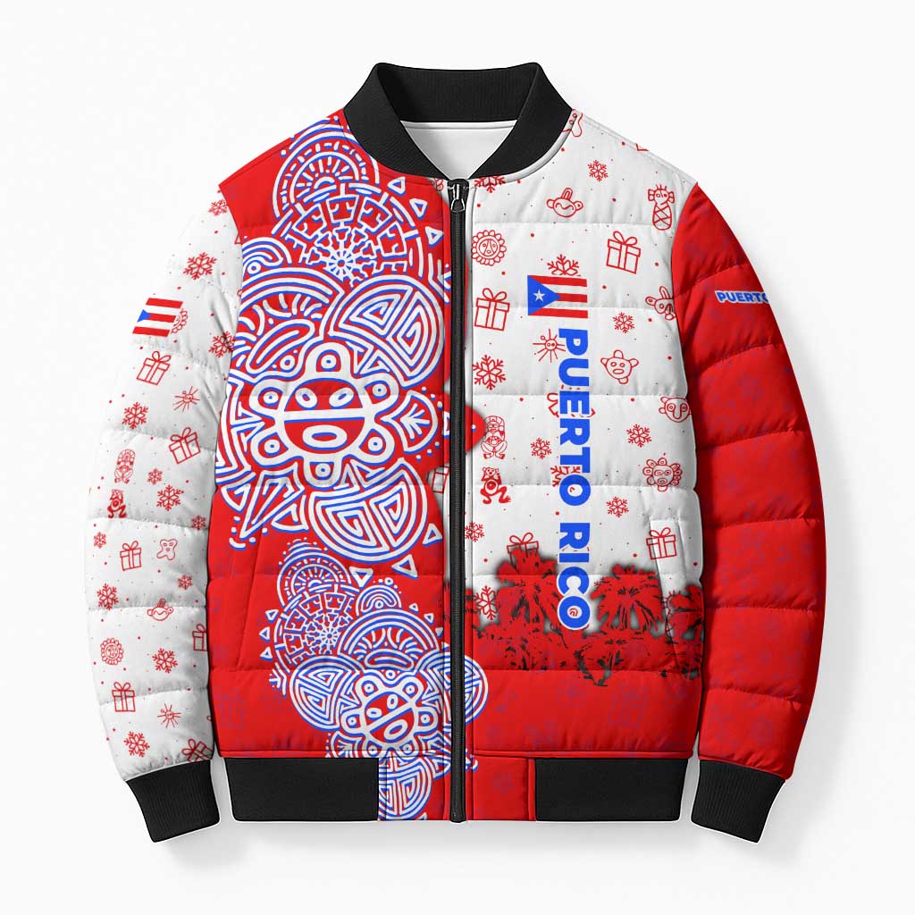 Puerto Rico Christmas Bomber Puffer Jacket with Taino Symbols Palm Tree Bongos and Holiday Pattern Design - Wonder Print Shop