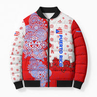 Puerto Rico Christmas Bomber Puffer Jacket with Taino Symbols Palm Tree Bongos and Holiday Pattern Design - Wonder Print Shop
