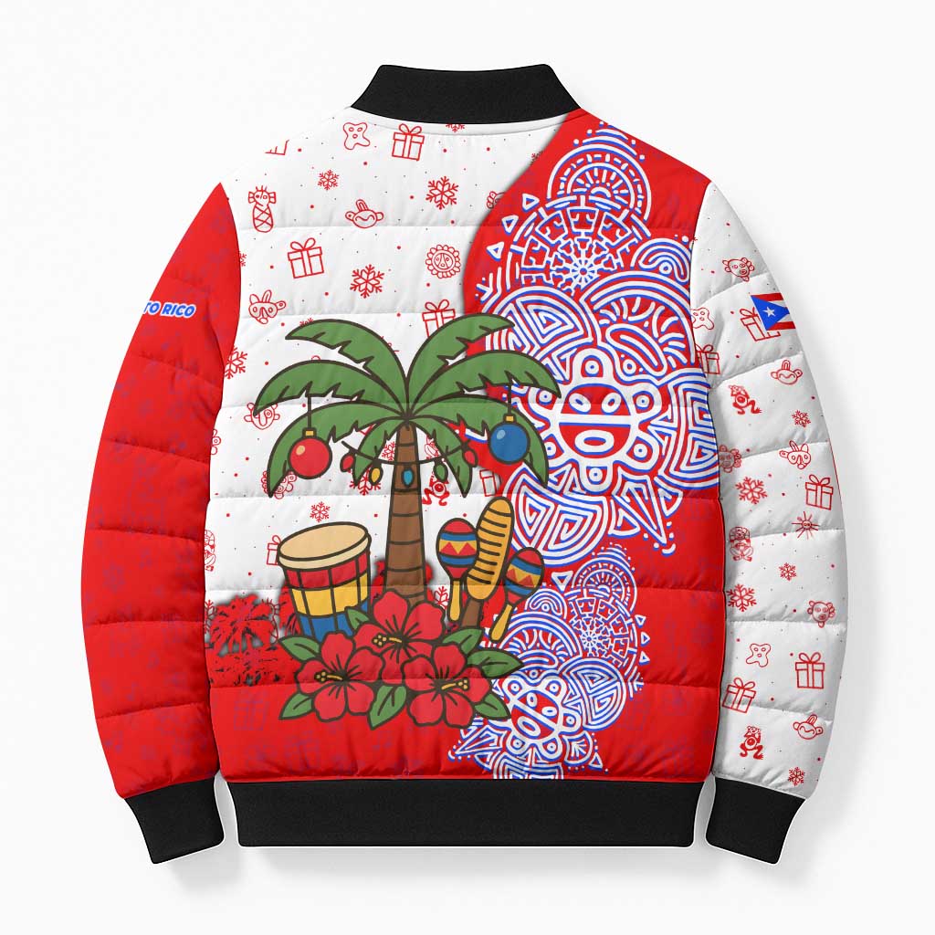 Puerto Rico Christmas Bomber Puffer Jacket with Taino Symbols Palm Tree Bongos and Holiday Pattern Design - Wonder Print Shop