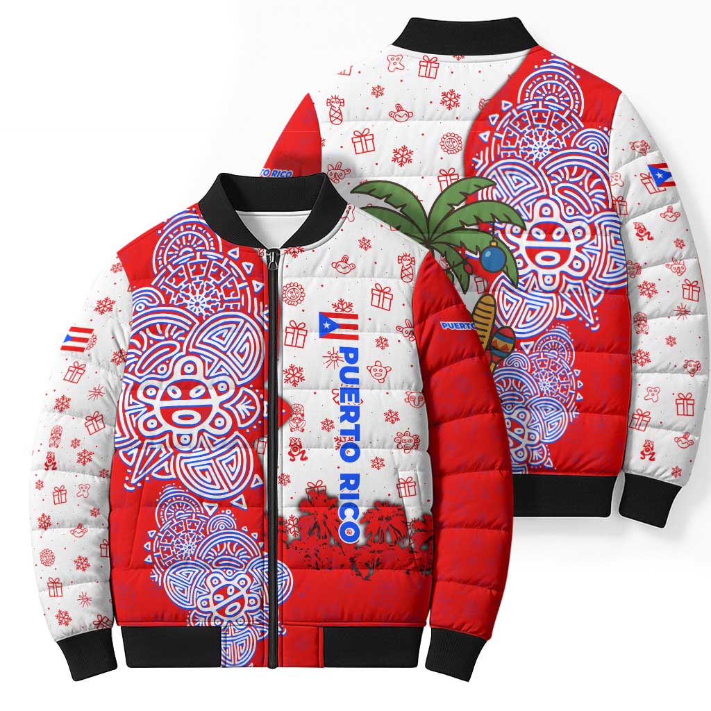 Puerto Rico Christmas Bomber Puffer Jacket with Taino Symbols Palm Tree Bongos and Holiday Pattern Design - Wonder Print Shop