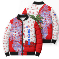 Puerto Rico Christmas Bomber Puffer Jacket with Taino Symbols Palm Tree Bongos and Holiday Pattern Design - Wonder Print Shop