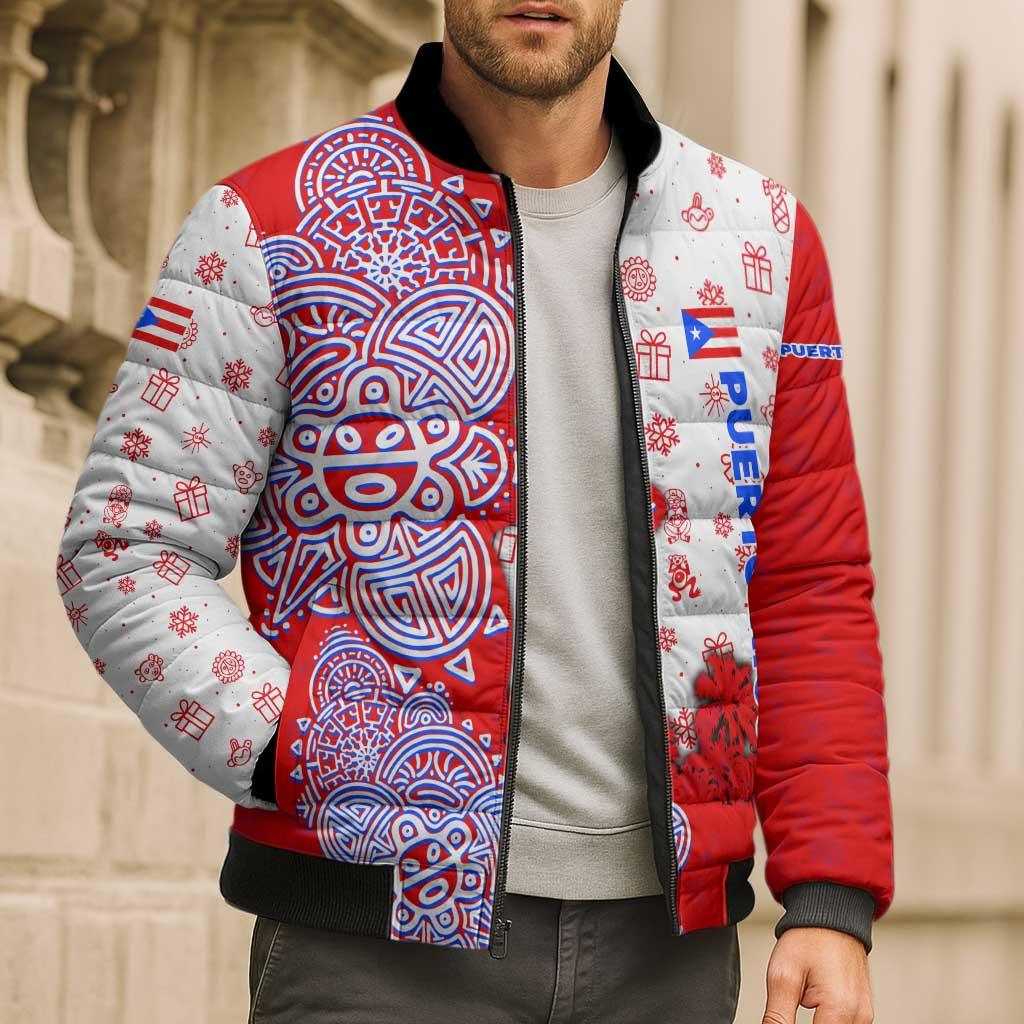 Puerto Rico Christmas Bomber Puffer Jacket with Taino Symbols Palm Tree Bongos and Holiday Pattern Design - Wonder Print Shop
