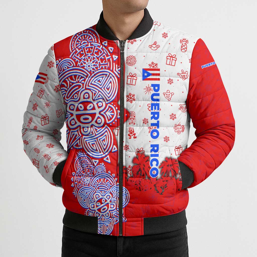 Puerto Rico Christmas Bomber Puffer Jacket with Taino Symbols Palm Tree Bongos and Holiday Pattern Design - Wonder Print Shop