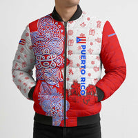Puerto Rico Christmas Bomber Puffer Jacket with Taino Symbols Palm Tree Bongos and Holiday Pattern Design - Wonder Print Shop