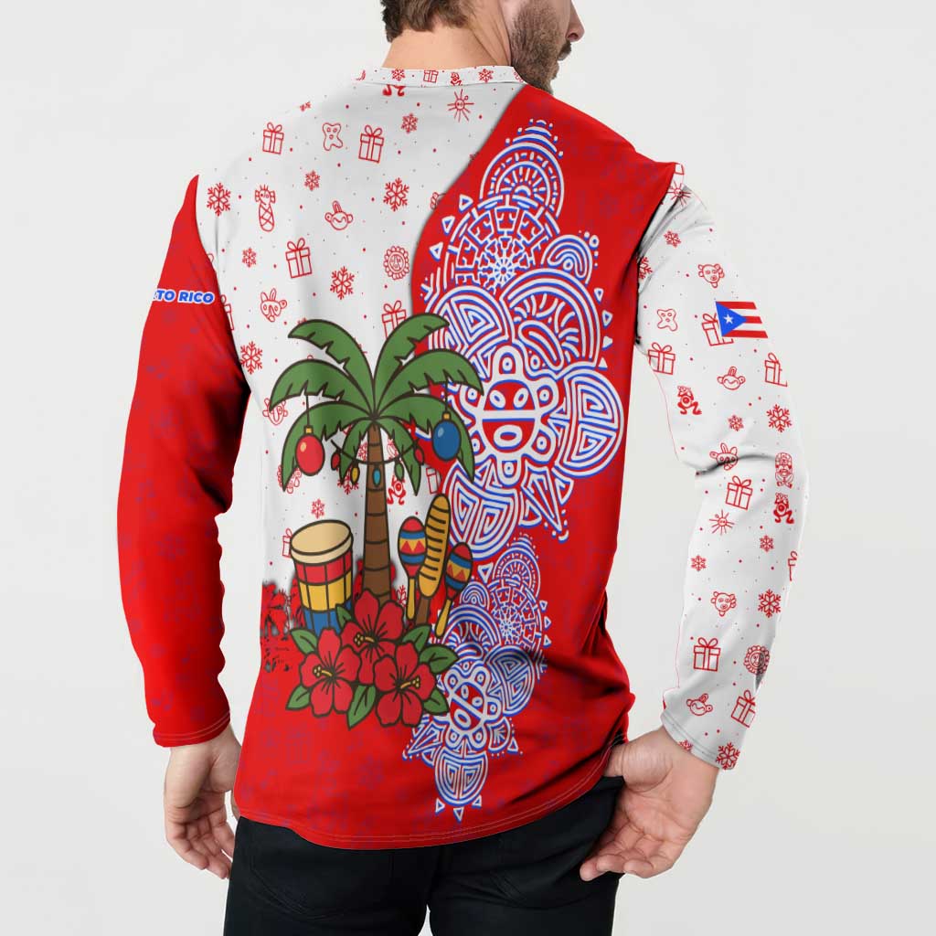 Puerto Rico Christmas Button Sweatshirt with Taino Symbols Palm Tree Bongos and Holiday Pattern Design - Wonder Print Shop