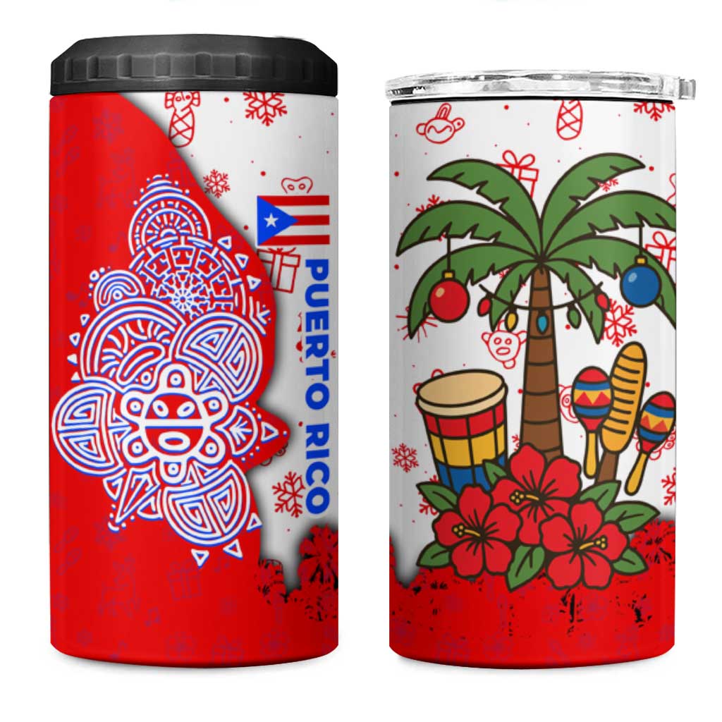 Puerto Rico Christmas 4 in 1 Can Cooler Tumbler with Taino Symbols Palm Tree Bongos and Holiday Pattern Design - Wonder Print Shop