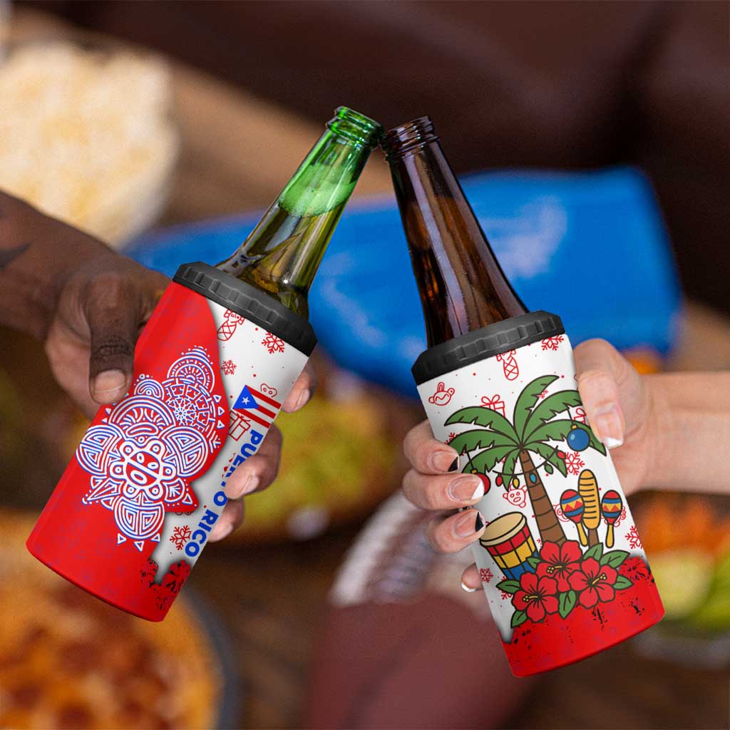 Puerto Rico Christmas 4 in 1 Can Cooler Tumbler with Taino Symbols Palm Tree Bongos and Holiday Pattern Design - Wonder Print Shop