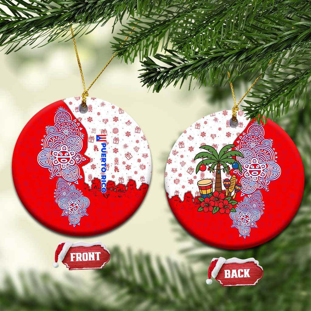 Puerto Rico Christmas Ceramic Ornament with Taino Symbols Palm Tree Bongos and Holiday Pattern Design - Wonder Print Shop
