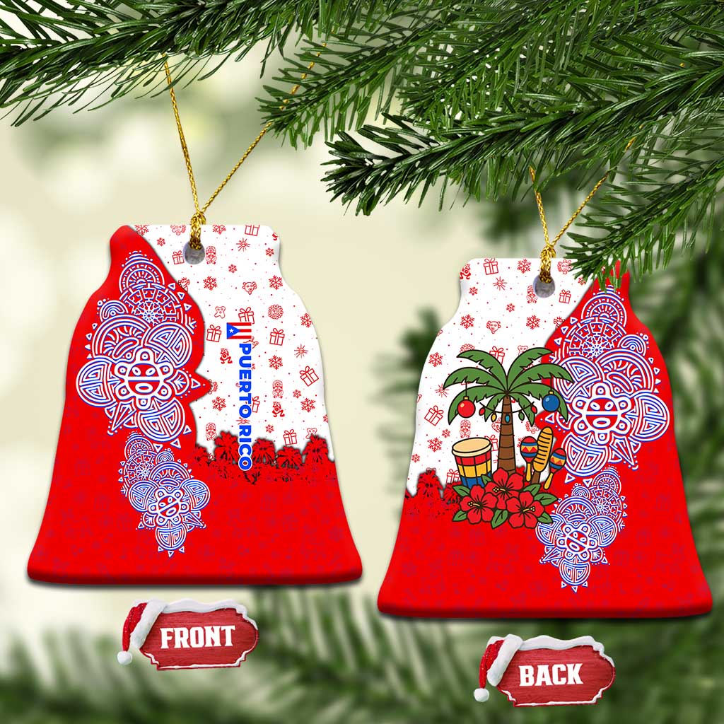 Puerto Rico Christmas Ceramic Ornament with Taino Symbols Palm Tree Bongos and Holiday Pattern Design - Wonder Print Shop