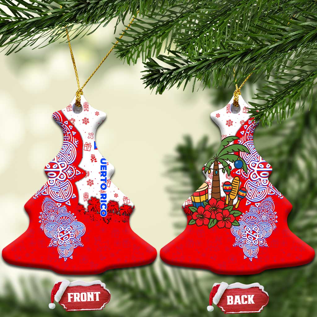 Puerto Rico Christmas Ceramic Ornament with Taino Symbols Palm Tree Bongos and Holiday Pattern Design - Wonder Print Shop