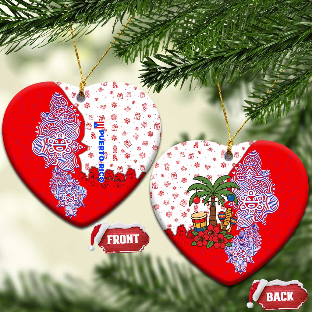 Puerto Rico Christmas Ceramic Ornament with Taino Symbols Palm Tree Bongos and Holiday Pattern Design - Wonder Print Shop