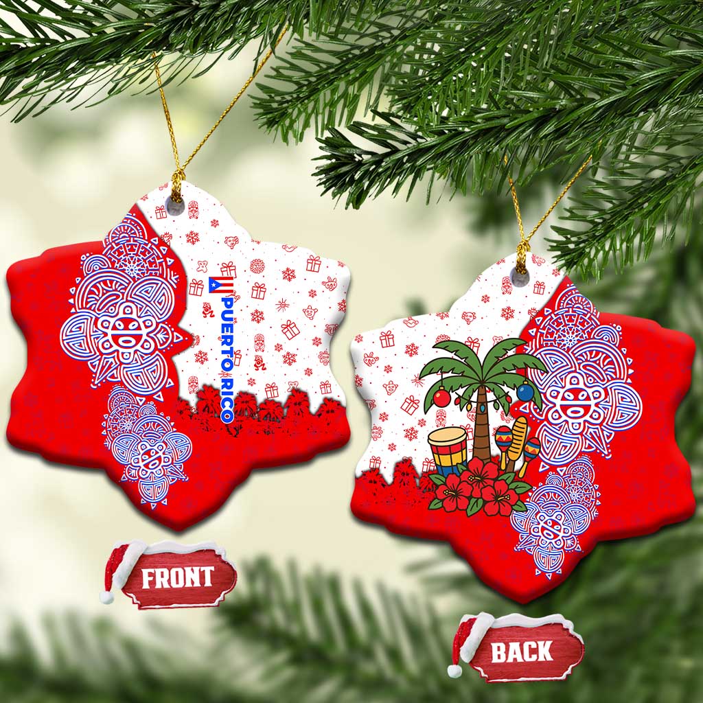 Puerto Rico Christmas Ceramic Ornament with Taino Symbols Palm Tree Bongos and Holiday Pattern Design - Wonder Print Shop