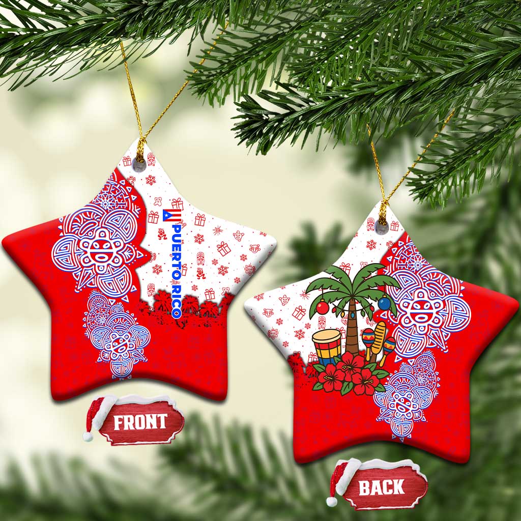 Puerto Rico Christmas Ceramic Ornament with Taino Symbols Palm Tree Bongos and Holiday Pattern Design - Wonder Print Shop