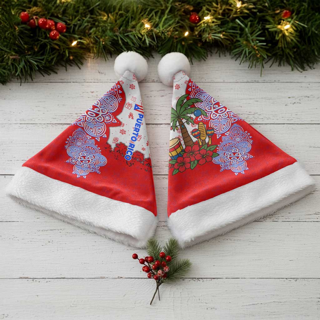 Puerto Rico Christmas Santa Hat with Taino Symbols Palm Tree Bongos and Holiday Pattern Design - Wonder Print Shop