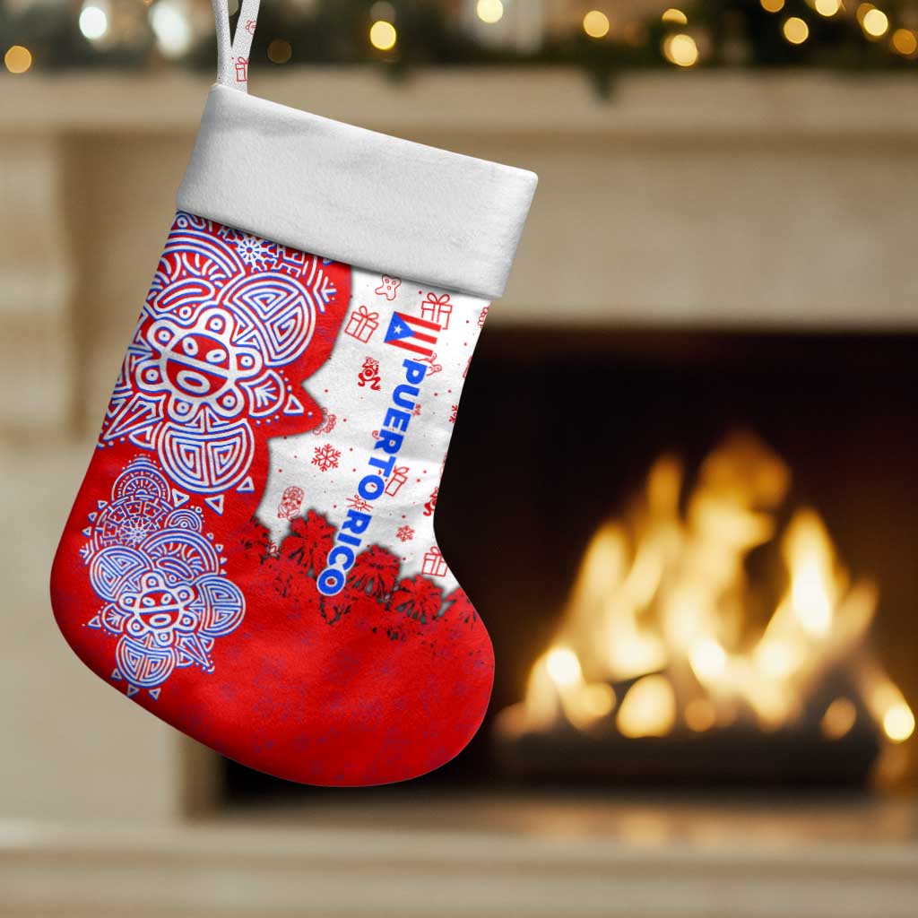 Puerto Rico Christmas Stocking with Taino Symbols Palm Tree Bongos and Holiday Pattern Design - Wonder Print Shop