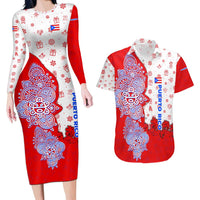 Puerto Rico Christmas Couples Matching Long Sleeve Bodycon Dress and Hawaiian Shirt with Taino Symbols Palm Tree Bongos and Holiday Pattern Design - Wonder Print Shop