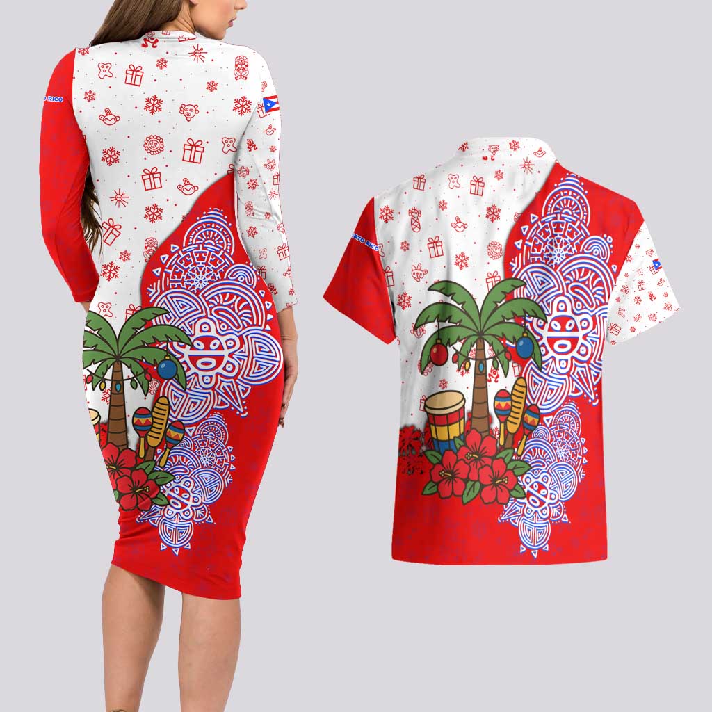 Puerto Rico Christmas Couples Matching Long Sleeve Bodycon Dress and Hawaiian Shirt with Taino Symbols Palm Tree Bongos and Holiday Pattern Design - Wonder Print Shop
