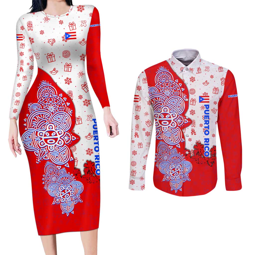 Puerto Rico Christmas Couples Matching Long Sleeve Bodycon Dress and Long Sleeve Button Shirt with Taino Symbols Palm Tree Bongos and Holiday Pattern Design - Wonder Print Shop