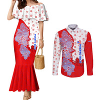 Puerto Rico Christmas Couples Matching Mermaid Dress and Long Sleeve Button Shirt with Taino Symbols Palm Tree Bongos and Holiday Pattern Design - Wonder Print Shop