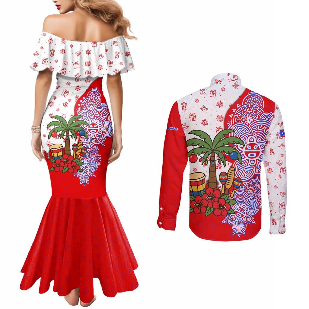 Puerto Rico Christmas Couples Matching Mermaid Dress and Long Sleeve Button Shirt with Taino Symbols Palm Tree Bongos and Holiday Pattern Design - Wonder Print Shop
