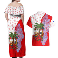 Puerto Rico Christmas Couples Matching Off Shoulder Maxi Dress and Hawaiian Shirt with Taino Symbols Palm Tree Bongos and Holiday Pattern Design - Wonder Print Shop