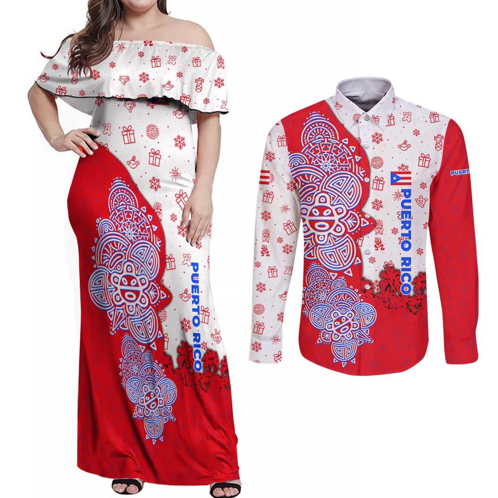 Puerto Rico Christmas Couples Matching Off Shoulder Maxi Dress and Long Sleeve Button Shirt with Taino Symbols Palm Tree Bongos and Holiday Pattern Design - Wonder Print Shop