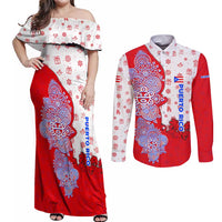 Puerto Rico Christmas Couples Matching Off Shoulder Maxi Dress and Long Sleeve Button Shirt with Taino Symbols Palm Tree Bongos and Holiday Pattern Design - Wonder Print Shop
