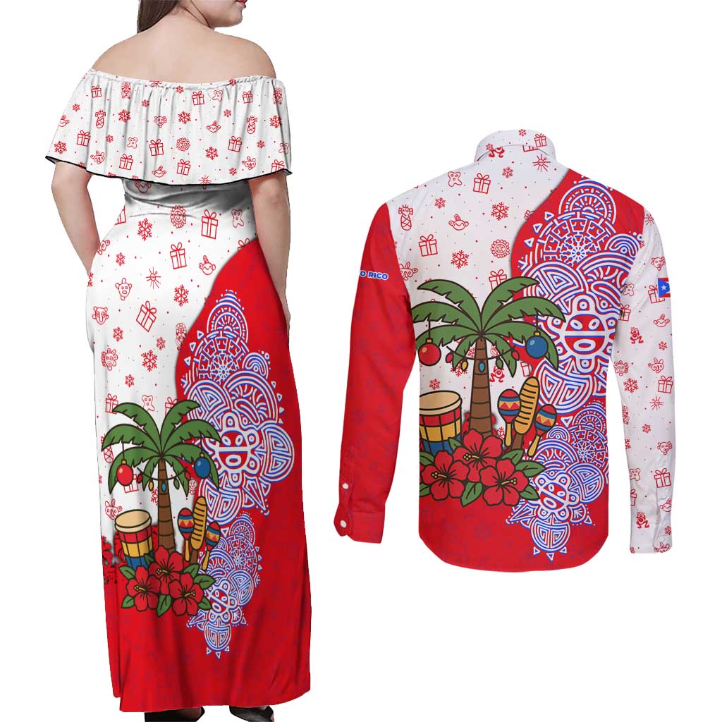 Puerto Rico Christmas Couples Matching Off Shoulder Maxi Dress and Long Sleeve Button Shirt with Taino Symbols Palm Tree Bongos and Holiday Pattern Design - Wonder Print Shop