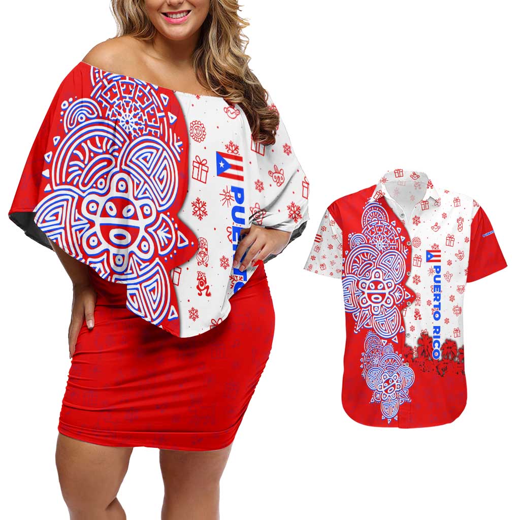 Puerto Rico Christmas Couples Matching Off Shoulder Short Dress and Hawaiian Shirt with Taino Symbols Palm Tree Bongos and Holiday Pattern Design - Wonder Print Shop
