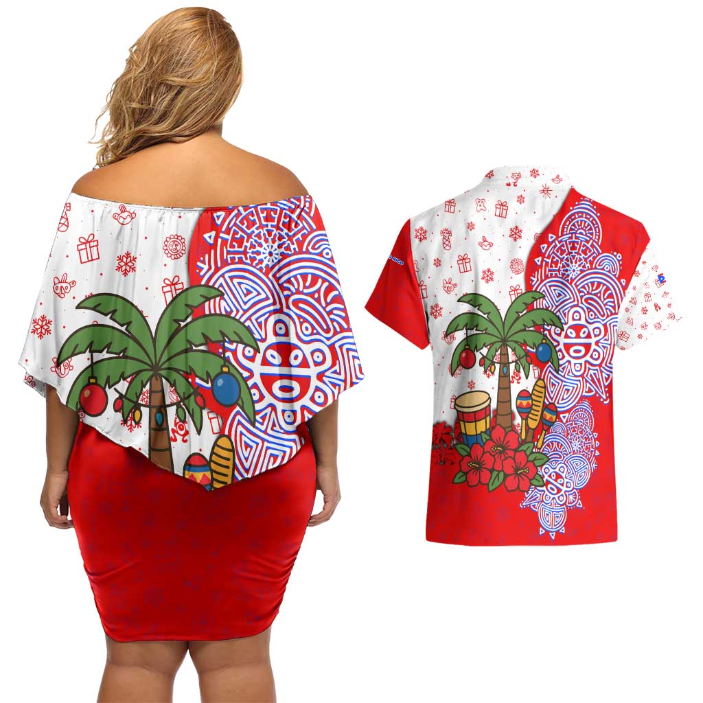 Puerto Rico Christmas Couples Matching Off Shoulder Short Dress and Hawaiian Shirt with Taino Symbols Palm Tree Bongos and Holiday Pattern Design - Wonder Print Shop