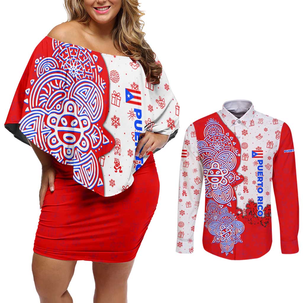 Puerto Rico Christmas Couples Matching Off Shoulder Short Dress and Long Sleeve Button Shirt with Taino Symbols Palm Tree Bongos and Holiday Pattern Design - Wonder Print Shop