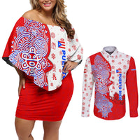 Puerto Rico Christmas Couples Matching Off Shoulder Short Dress and Long Sleeve Button Shirt with Taino Symbols Palm Tree Bongos and Holiday Pattern Design - Wonder Print Shop
