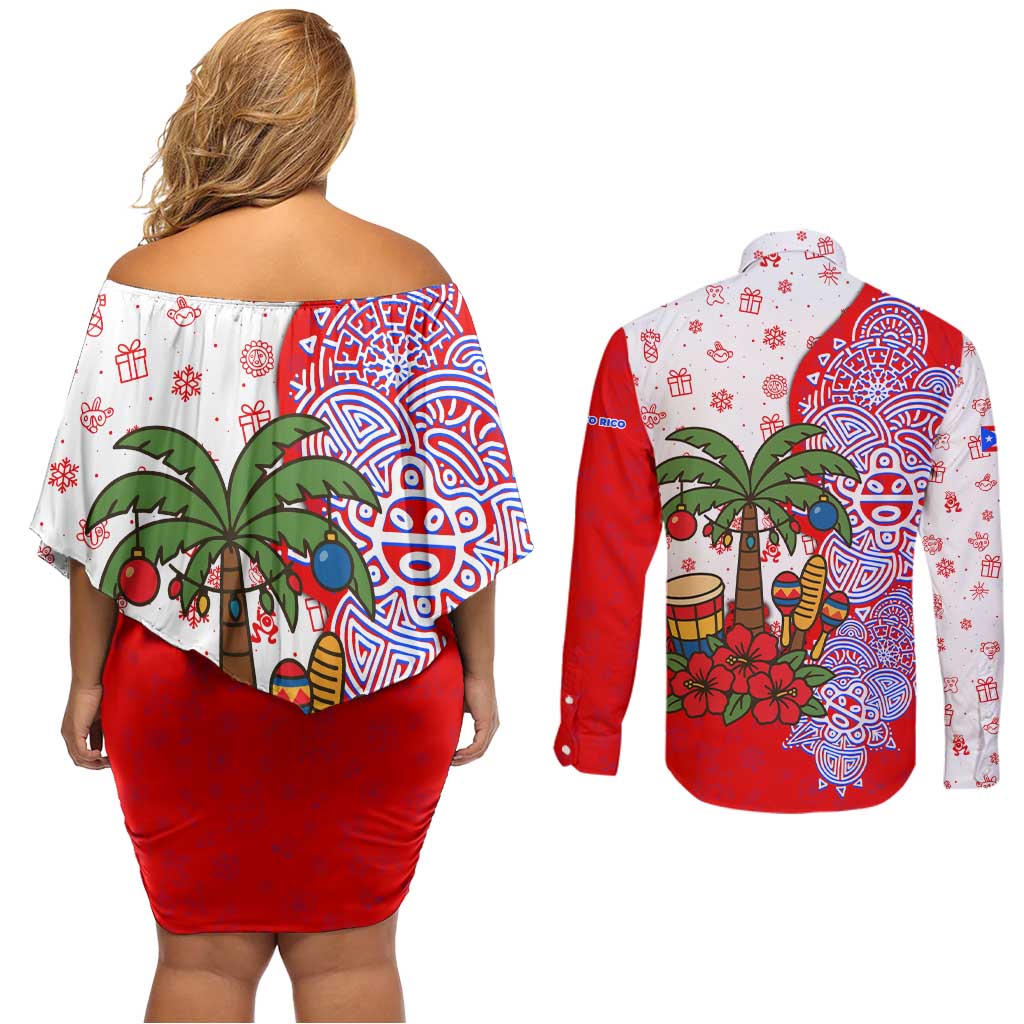 Puerto Rico Christmas Couples Matching Off Shoulder Short Dress and Long Sleeve Button Shirt with Taino Symbols Palm Tree Bongos and Holiday Pattern Design - Wonder Print Shop