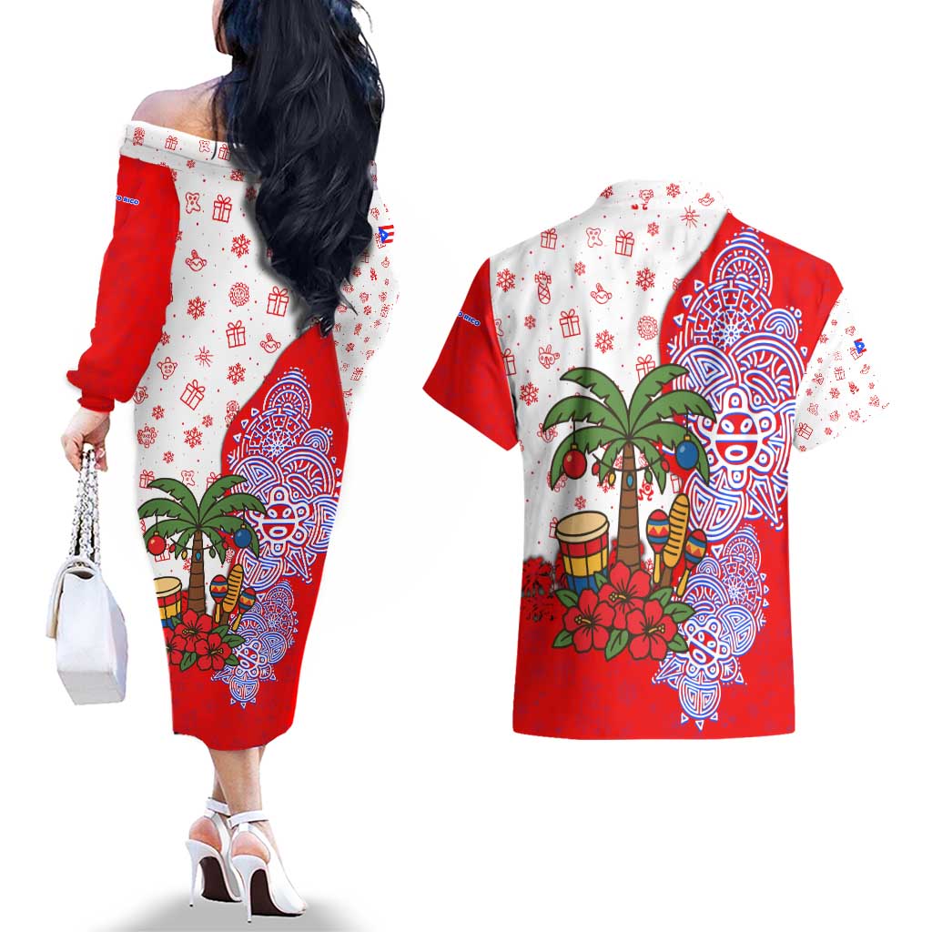 Puerto Rico Christmas Couples Matching Off The Shoulder Long Sleeve Dress and Hawaiian Shirt with Taino Symbols Palm Tree Bongos and Holiday Pattern Design - Wonder Print Shop
