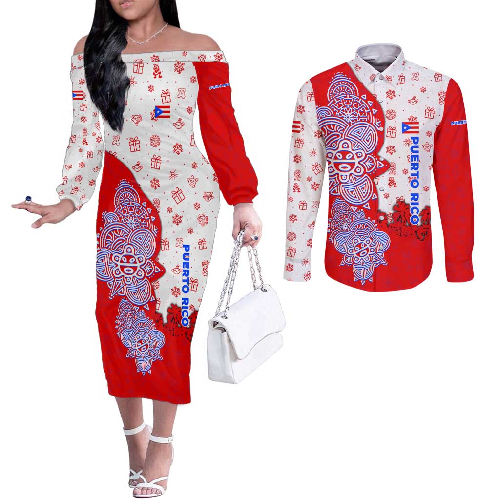 Puerto Rico Christmas Couples Matching Off The Shoulder Long Sleeve Dress and Long Sleeve Button Shirt with Taino Symbols Palm Tree Bongos and Holiday Pattern Design - Wonder Print Shop