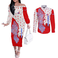 Puerto Rico Christmas Couples Matching Off The Shoulder Long Sleeve Dress and Long Sleeve Button Shirt with Taino Symbols Palm Tree Bongos and Holiday Pattern Design - Wonder Print Shop