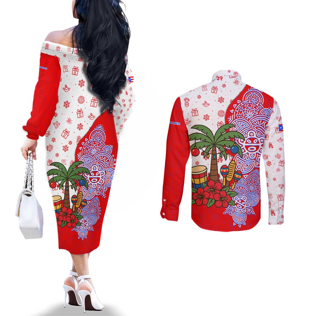 Puerto Rico Christmas Couples Matching Off The Shoulder Long Sleeve Dress and Long Sleeve Button Shirt with Taino Symbols Palm Tree Bongos and Holiday Pattern Design - Wonder Print Shop