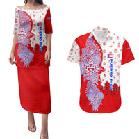 Puerto Rico Christmas Couples Matching Puletasi and Hawaiian Shirt with Taino Symbols Palm Tree Bongos and Holiday Pattern Design - Wonder Print Shop