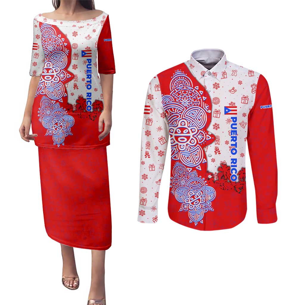 Puerto Rico Christmas Couples Matching Puletasi and Long Sleeve Button Shirt with Taino Symbols Palm Tree Bongos and Holiday Pattern Design - Wonder Print Shop