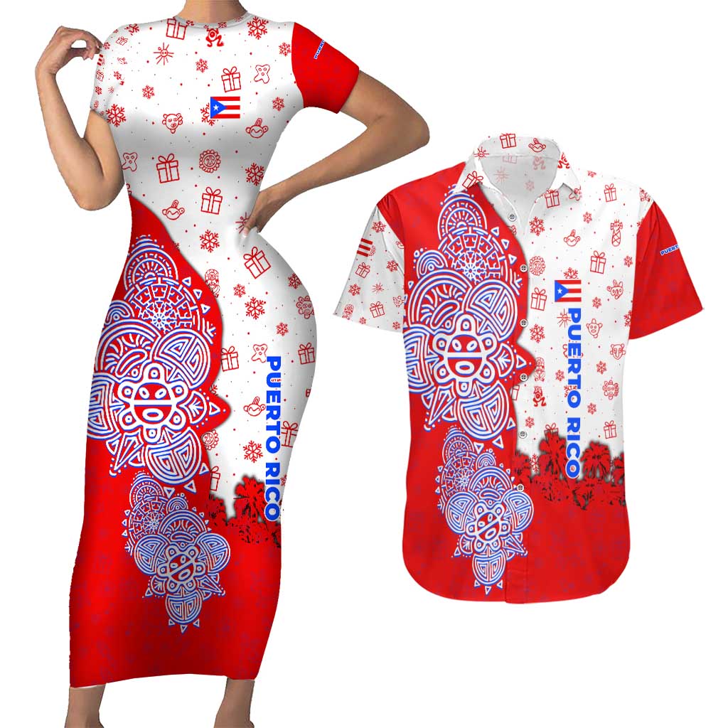 Puerto Rico Christmas Couples Matching Short Sleeve Bodycon Dress and Hawaiian Shirt with Taino Symbols Palm Tree Bongos and Holiday Pattern Design - Wonder Print Shop