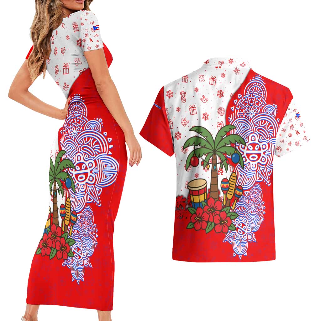 Puerto Rico Christmas Couples Matching Short Sleeve Bodycon Dress and Hawaiian Shirt with Taino Symbols Palm Tree Bongos and Holiday Pattern Design - Wonder Print Shop