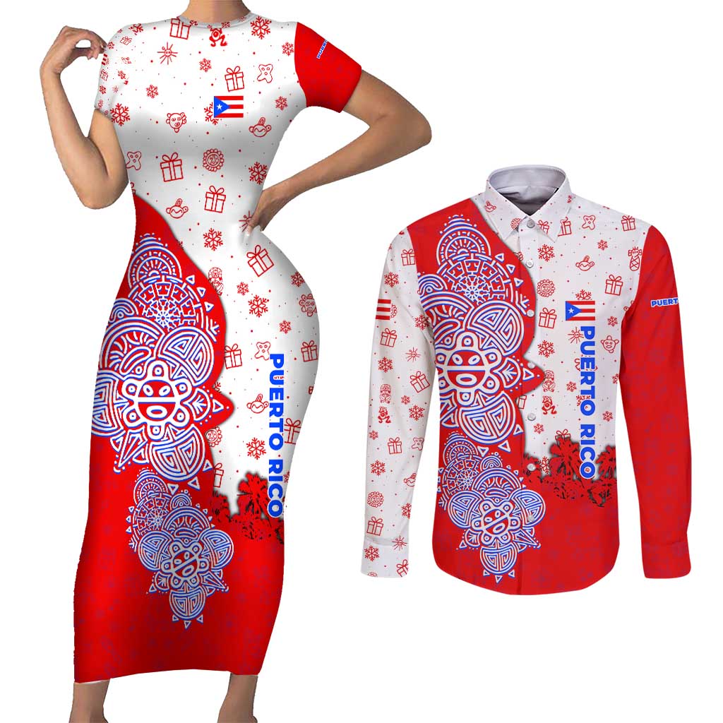 Puerto Rico Christmas Couples Matching Short Sleeve Bodycon Dress and Long Sleeve Button Shirt with Taino Symbols Palm Tree Bongos and Holiday Pattern Design - Wonder Print Shop